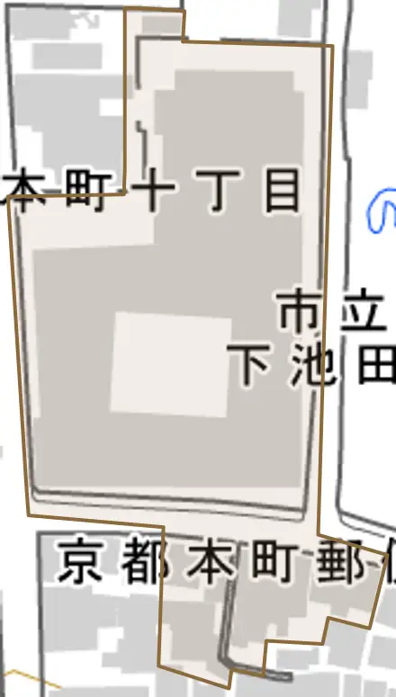 下池田町とその周辺の地図。町の範囲を重ねている