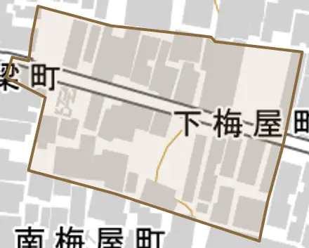 下梅屋町とその周辺の地図。町の範囲を重ねている