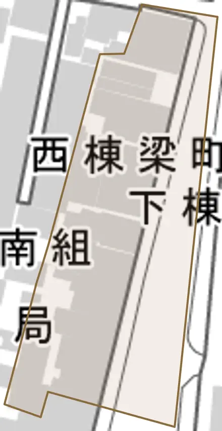 下棟梁町とその周辺の地図。町の範囲を重ねている
