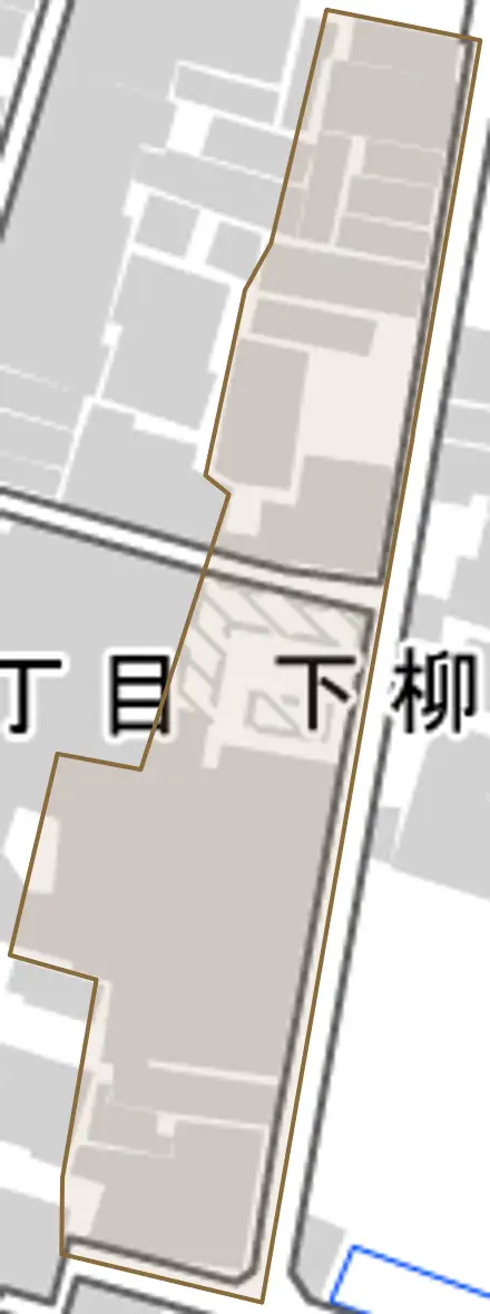 下柳町とその周辺の地図。町の範囲を重ねている
