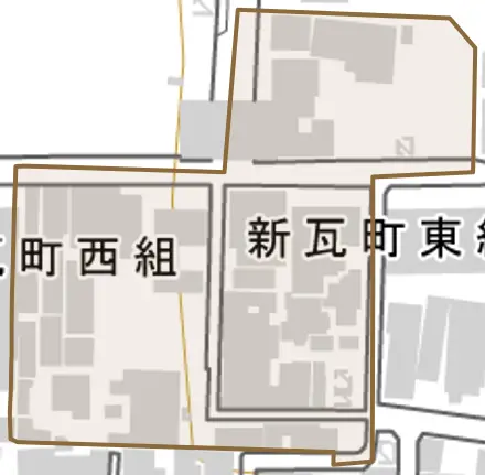 新瓦町東組とその周辺の地図。町の範囲を重ねている
