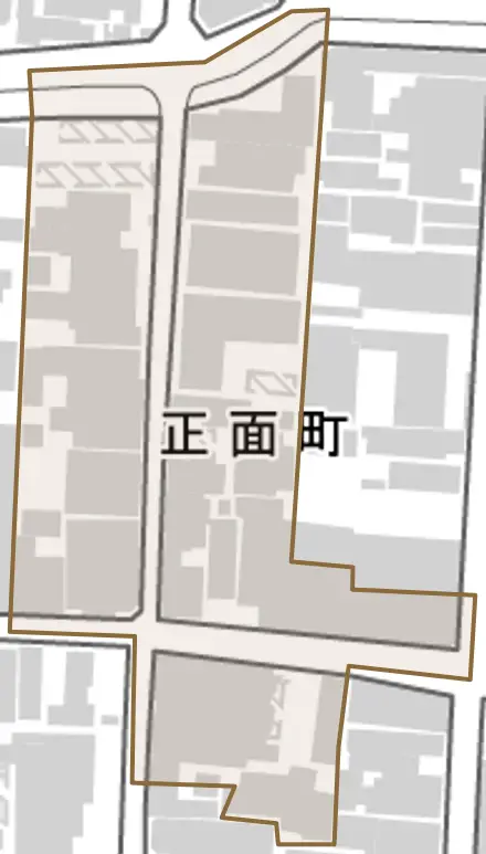 正面町とその周辺の地図。町の範囲を重ねている