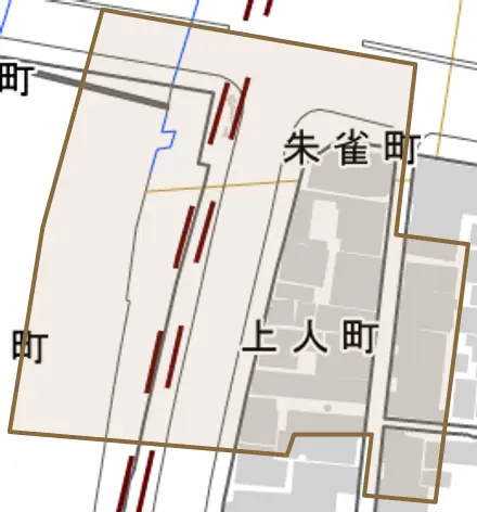 上人町とその周辺の地図。町の範囲を重ねている