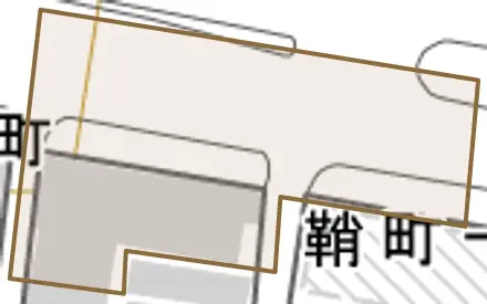 朱雀町とその周辺の地図。町の範囲を重ねている