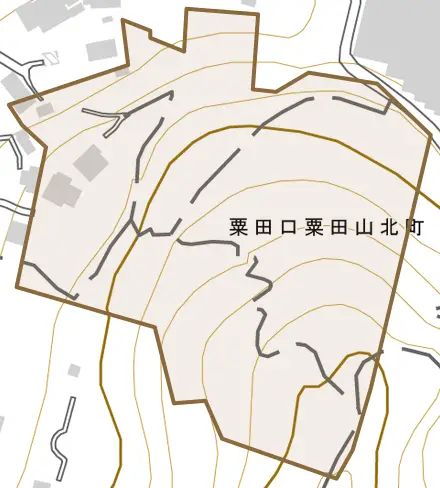 粟田口粟田山北町とその周辺の地図。町の範囲を重ねている