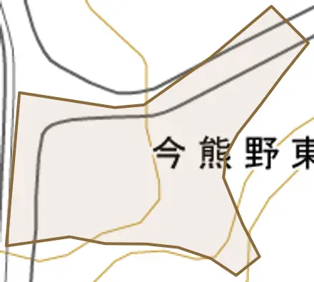今熊野東山町とその周辺の地図。町の範囲を重ねている