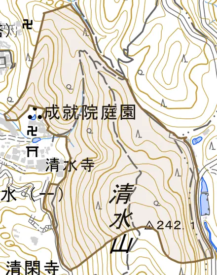 清閑寺清水上山町とその周辺の地図。町の範囲を重ねている