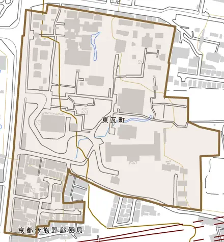 東瓦町とその周辺の地図。町の範囲を重ねている