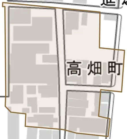高畑町とその周辺の地図。町の範囲を重ねている