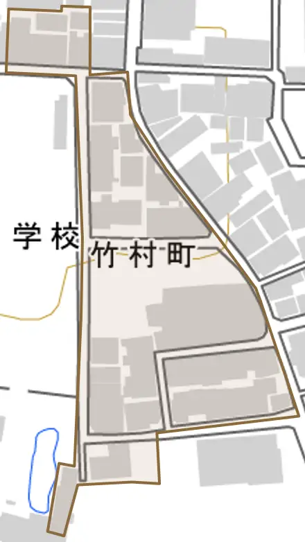 竹村町とその周辺の地図。町の範囲を重ねている