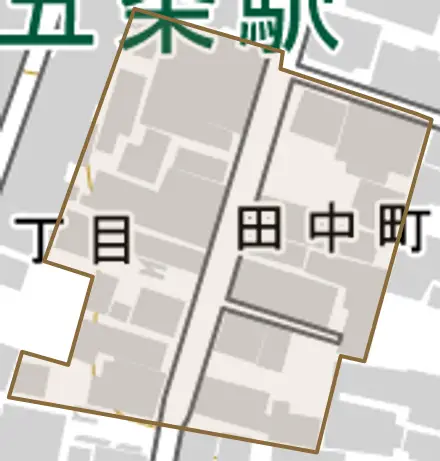 田中町とその周辺の地図。町の範囲を重ねている