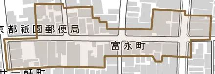 富永町とその周辺の地図。町の範囲を重ねている