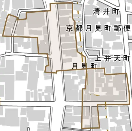 月見町とその周辺の地図。町の範囲を重ねている