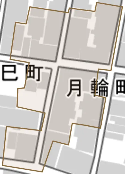月輪町とその周辺の地図。町の範囲を重ねている