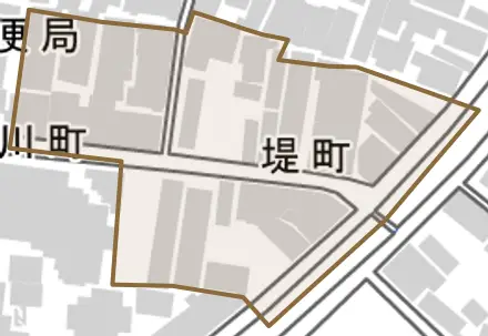 堤町とその周辺の地図。町の範囲を重ねている