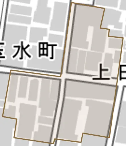 上田町とその周辺の地図。町の範囲を重ねている