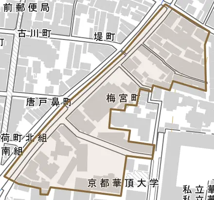 梅宮町とその周辺の地図。町の範囲を重ねている