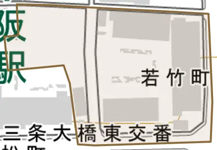 若竹町とその周辺の地図。町の範囲を重ねている