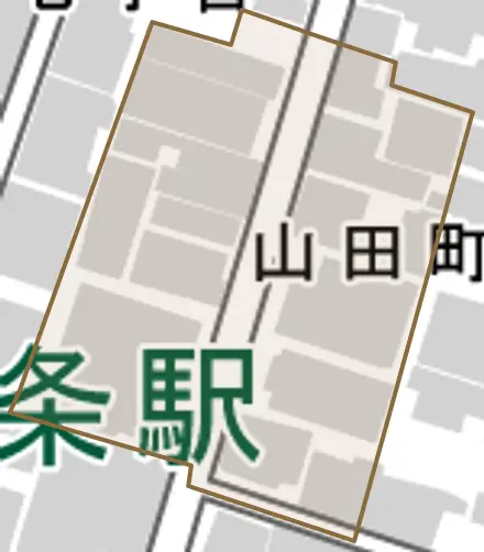 山田町とその周辺の地図。町の範囲を重ねている