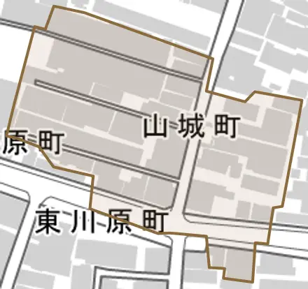 山城町とその周辺の地図。町の範囲を重ねている