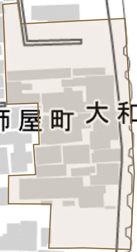 大和大路一丁目とその周辺の地図。町の範囲を重ねている