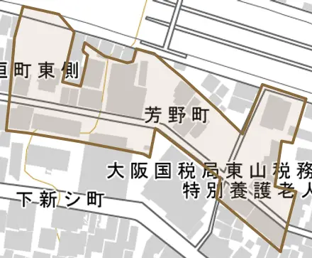 芳野町とその周辺の地図。町の範囲を重ねている