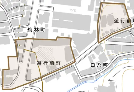 遊行前町とその周辺の地図。町の範囲を重ねている