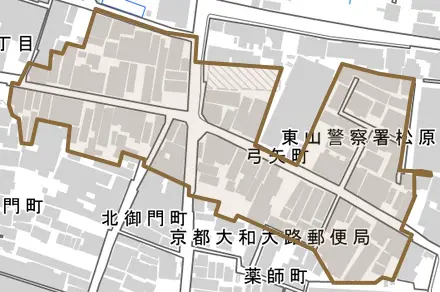 弓矢町とその周辺の地図。町の範囲を重ねている