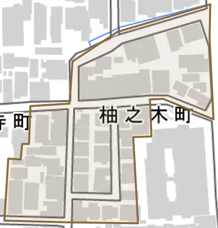 柚之木町とその周辺の地図。町の範囲を重ねている