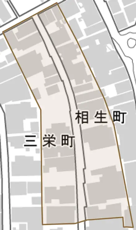 相生町とその周辺の地図。町の範囲を重ねている