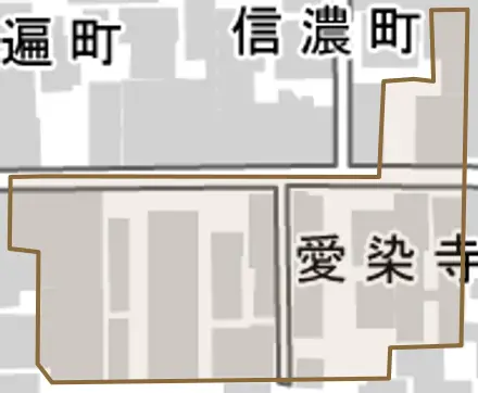 愛染寺町とその周辺の地図。町の範囲を重ねている