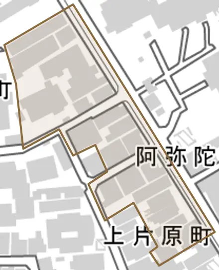 阿弥陀寺前町とその周辺の地図。町の範囲を重ねている