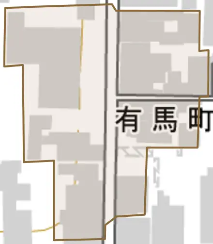 有馬町とその周辺の地図。町の範囲を重ねている