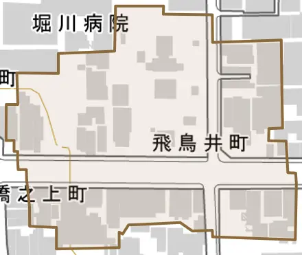 飛鳥井町とその周辺の地図。町の範囲を重ねている