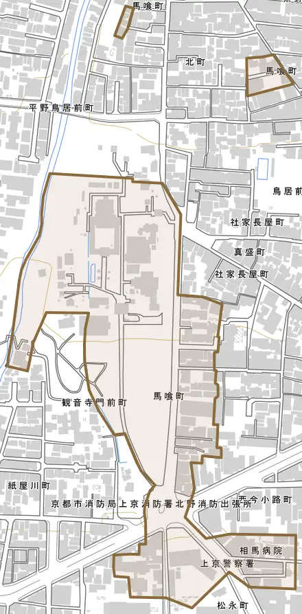馬喰町とその周辺の地図。町の範囲を重ねている