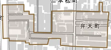 弁天町とその周辺の地図。町の範囲を重ねている