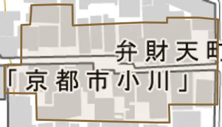 弁財天町とその周辺の地図。町の範囲を重ねている