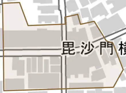 毘沙門横町とその周辺の地図。町の範囲を重ねている