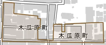 木瓜原町とその周辺の地図。町の範囲を重ねている