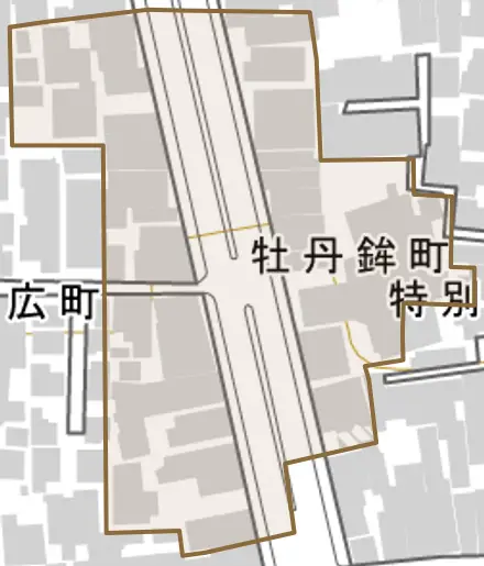 牡丹鉾町とその周辺の地図。町の範囲を重ねている