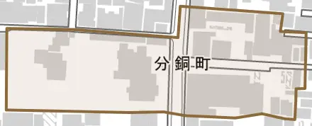 分銅町とその周辺の地図。町の範囲を重ねている