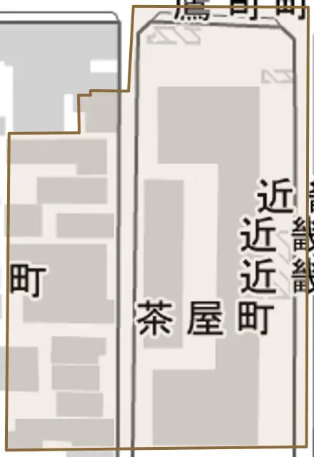 茶屋町とその周辺の地図。町の範囲を重ねている
