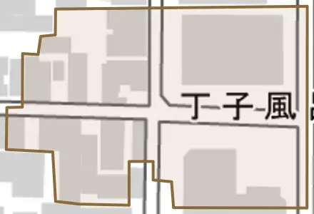 丁子風呂町とその周辺の地図。町の範囲を重ねている