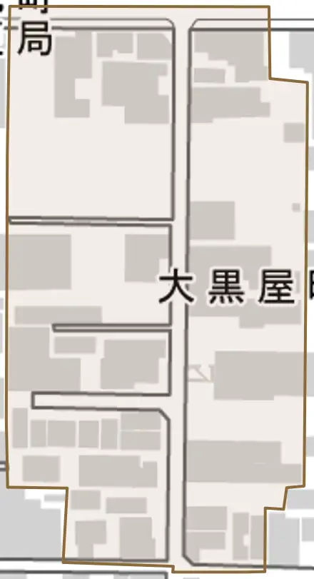 大黒屋町とその周辺の地図。町の範囲を重ねている