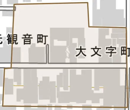 大文字町とその周辺の地図。町の範囲を重ねている