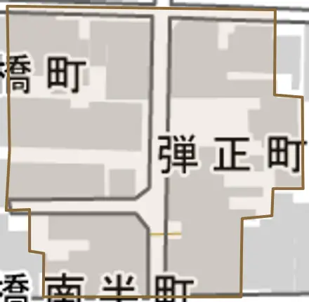 弾正町とその周辺の地図。町の範囲を重ねている