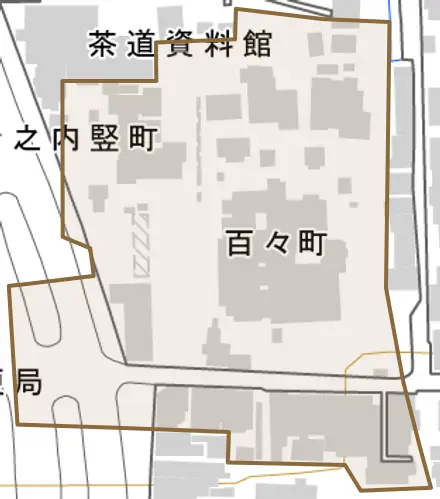 百々町とその周辺の地図。町の範囲を重ねている