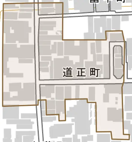 道正町とその周辺の地図。町の範囲を重ねている