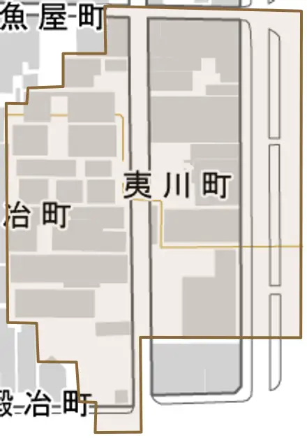 夷川町とその周辺の地図。町の範囲を重ねている