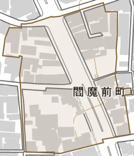 閻魔前町とその周辺の地図。町の範囲を重ねている